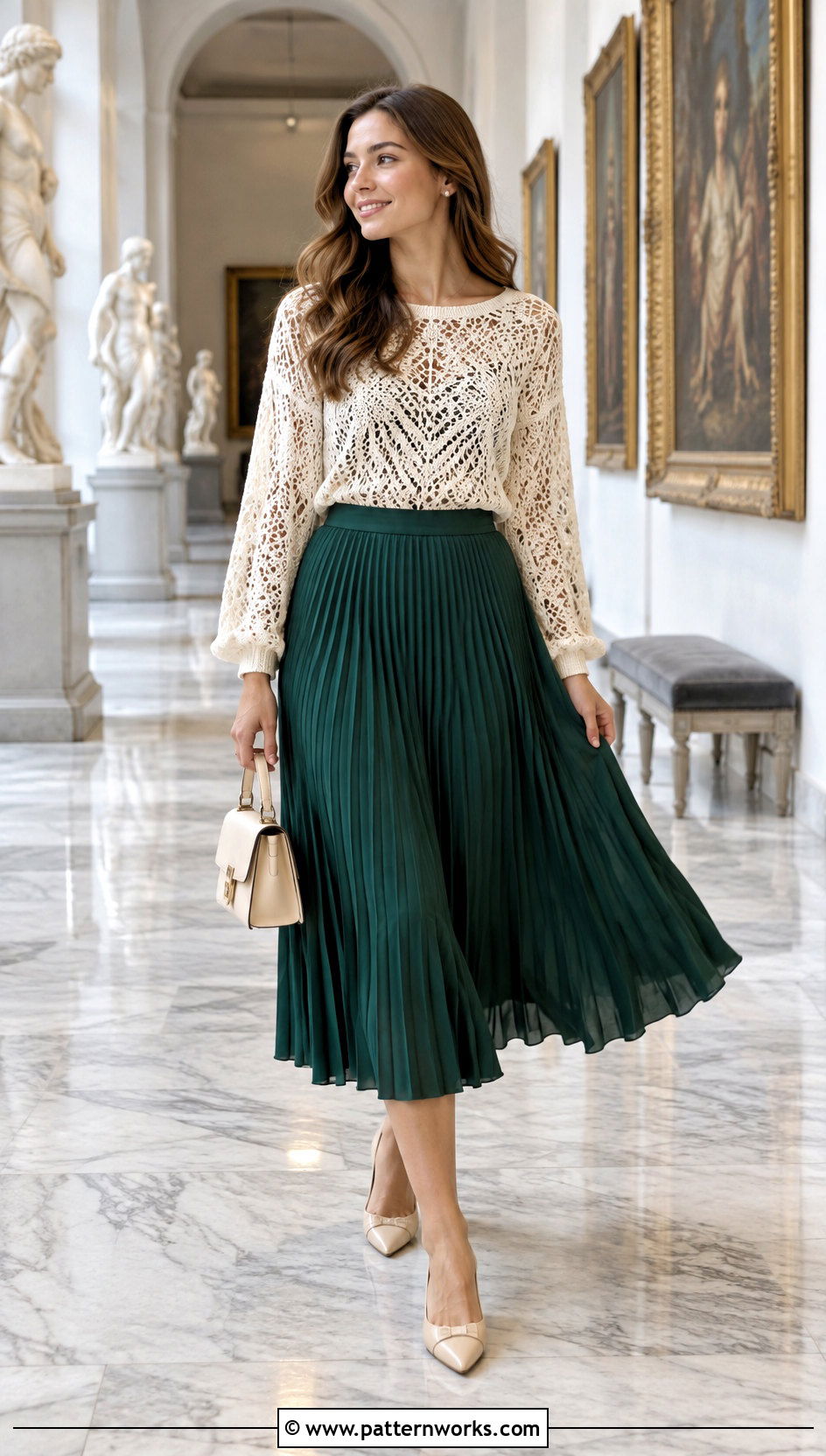 Crochet Lacy Sweater With Pleated Midi Skirt - 24 crochet lacy sweater outfit ideas