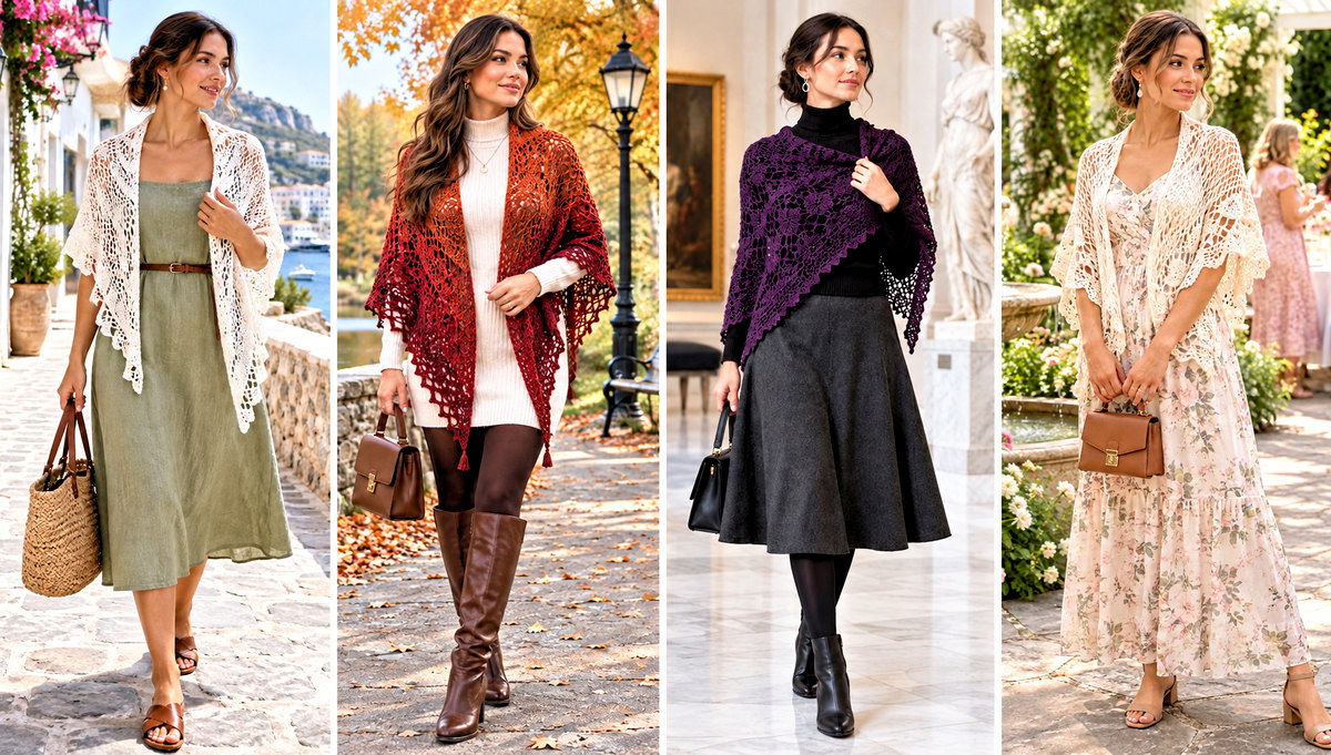 24 Crochet Lacy Triangle Shawl Outfit Ideas for Dressy Days