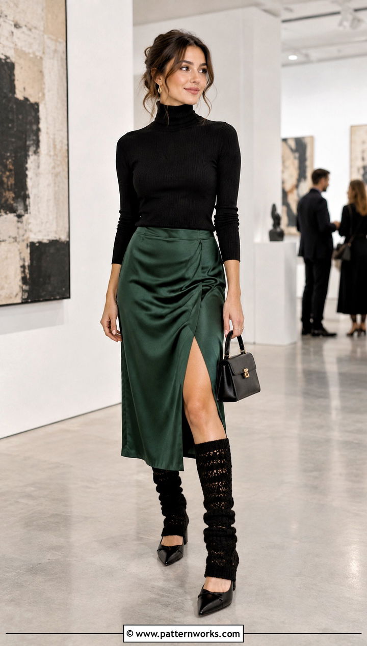 Crochet Leg Warmers With Satin Midi Skirt And Turtleneck - 30 cute crochet leg warmers outfit ideas