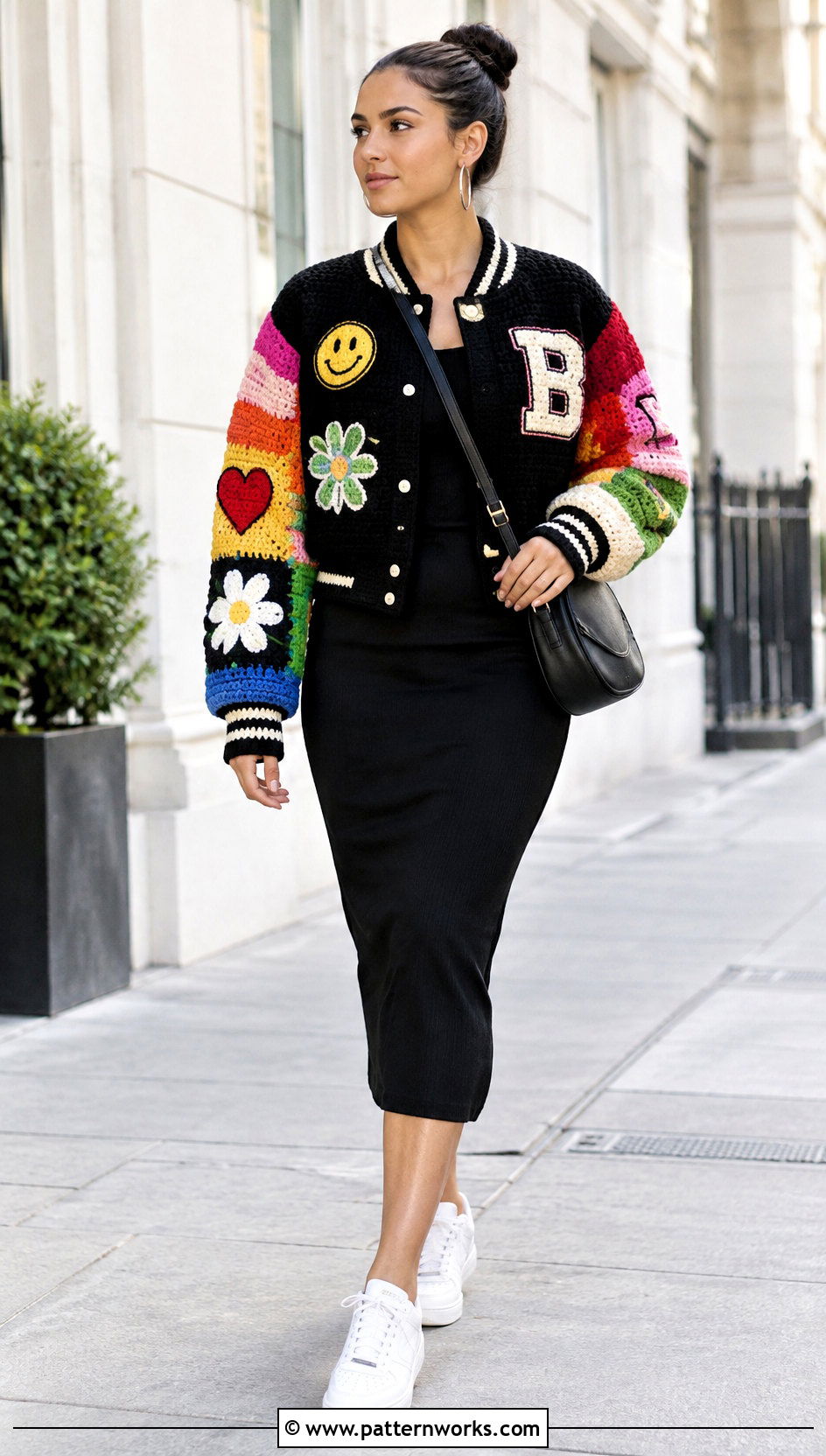 Crochet Letterman Jacket With Black Midi Dress - 24 crochet letterman jacket outfit ideas