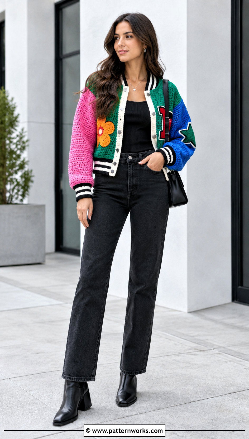 Crochet Letterman Jacket With Monochrome Black Outfit - 24 crochet letterman jacket outfit ideas