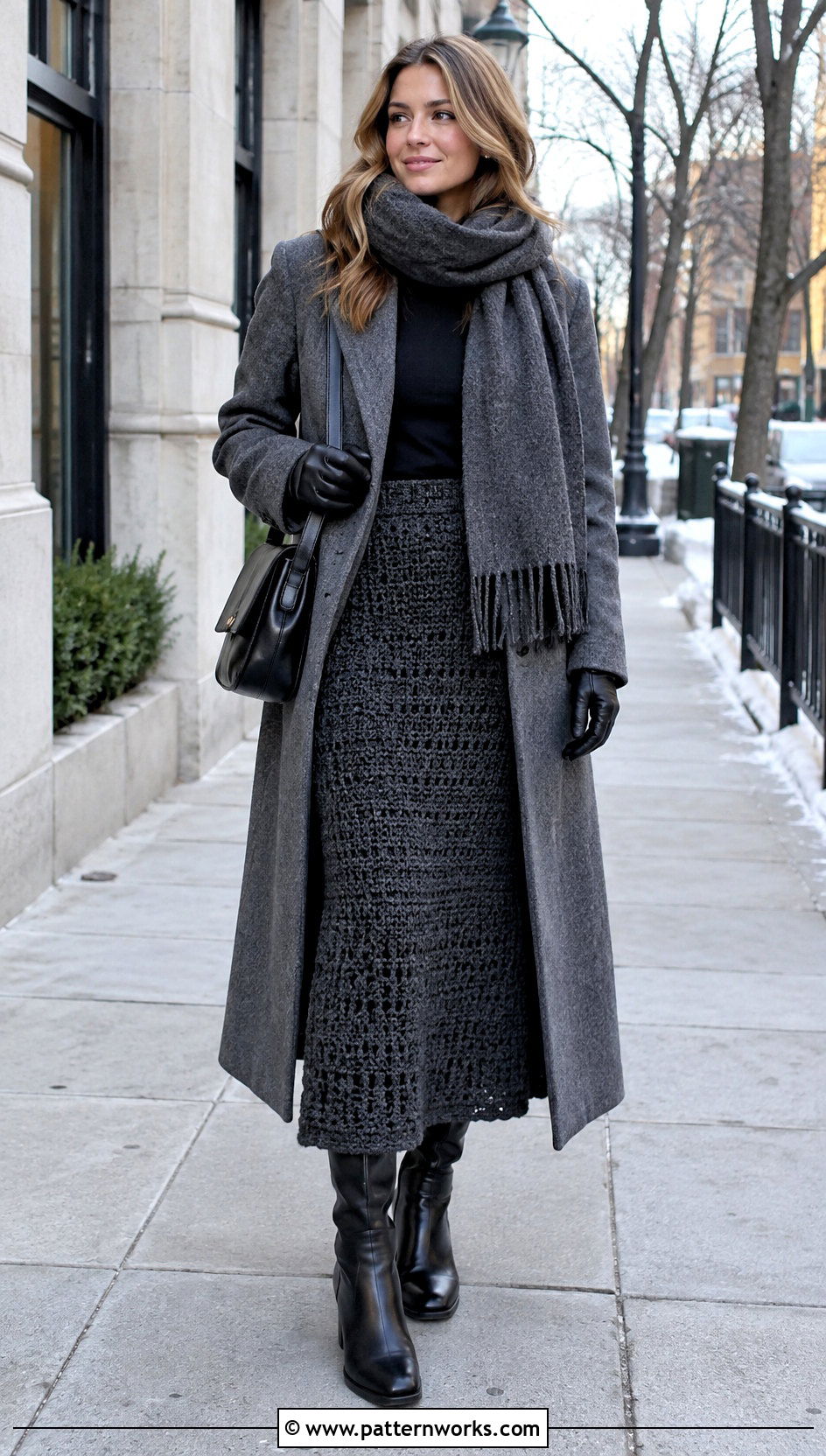 Crochet Long Skirt With Wool Coat And Tall Boots - 18 Crochet Long Skirt Aesthetic outfit ideas