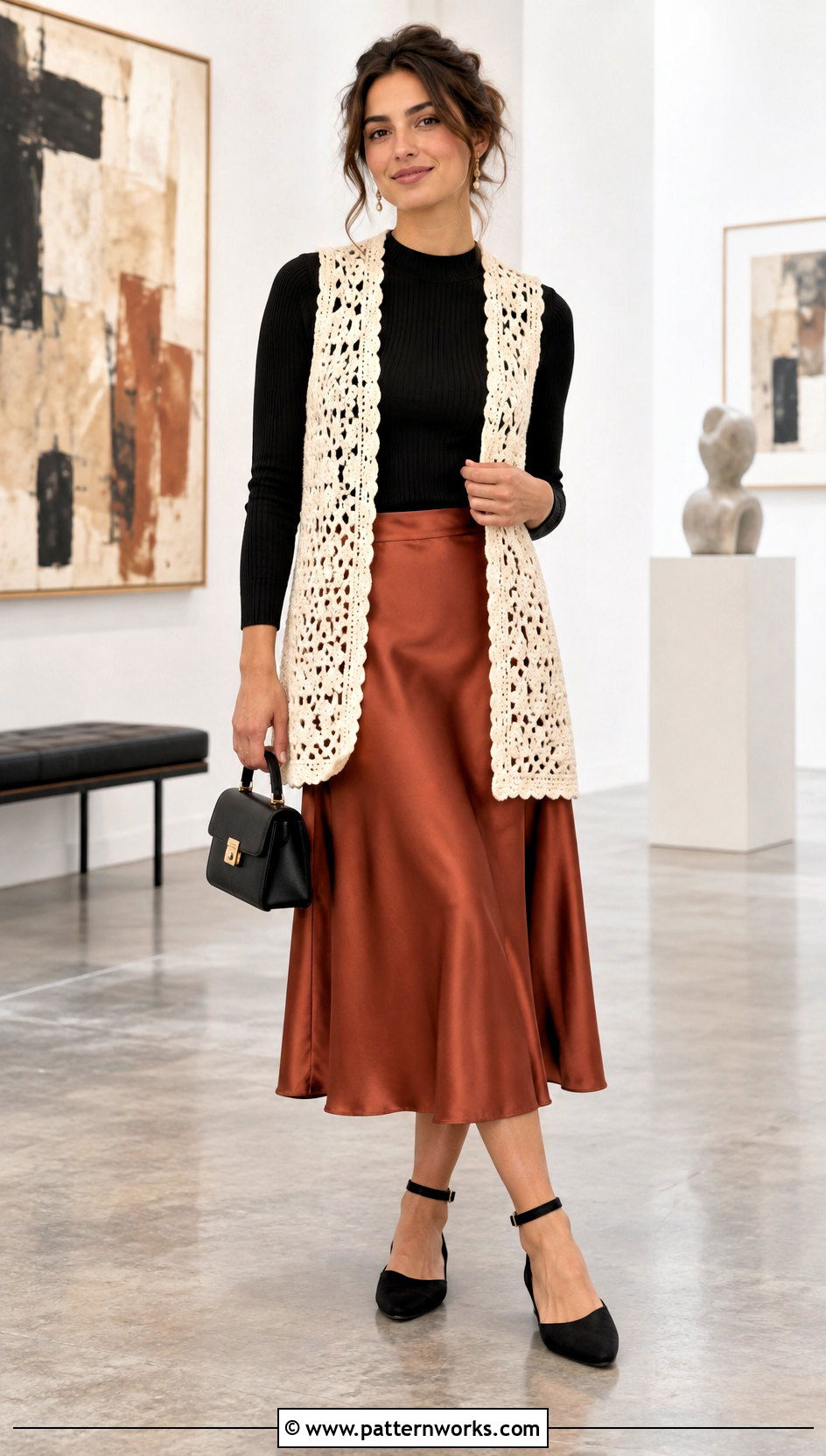 Crochet Long Vest With Midi Skirt And Fitted Top - 24 Easy Crochet Long Vest outfit ideas