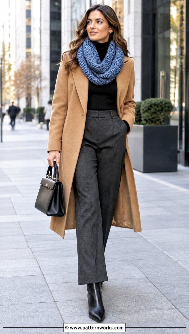 Crochet Loop Scarf With Turtleneck And Tailored Coat - 18 Crochet Loop Scarf outfit ideas