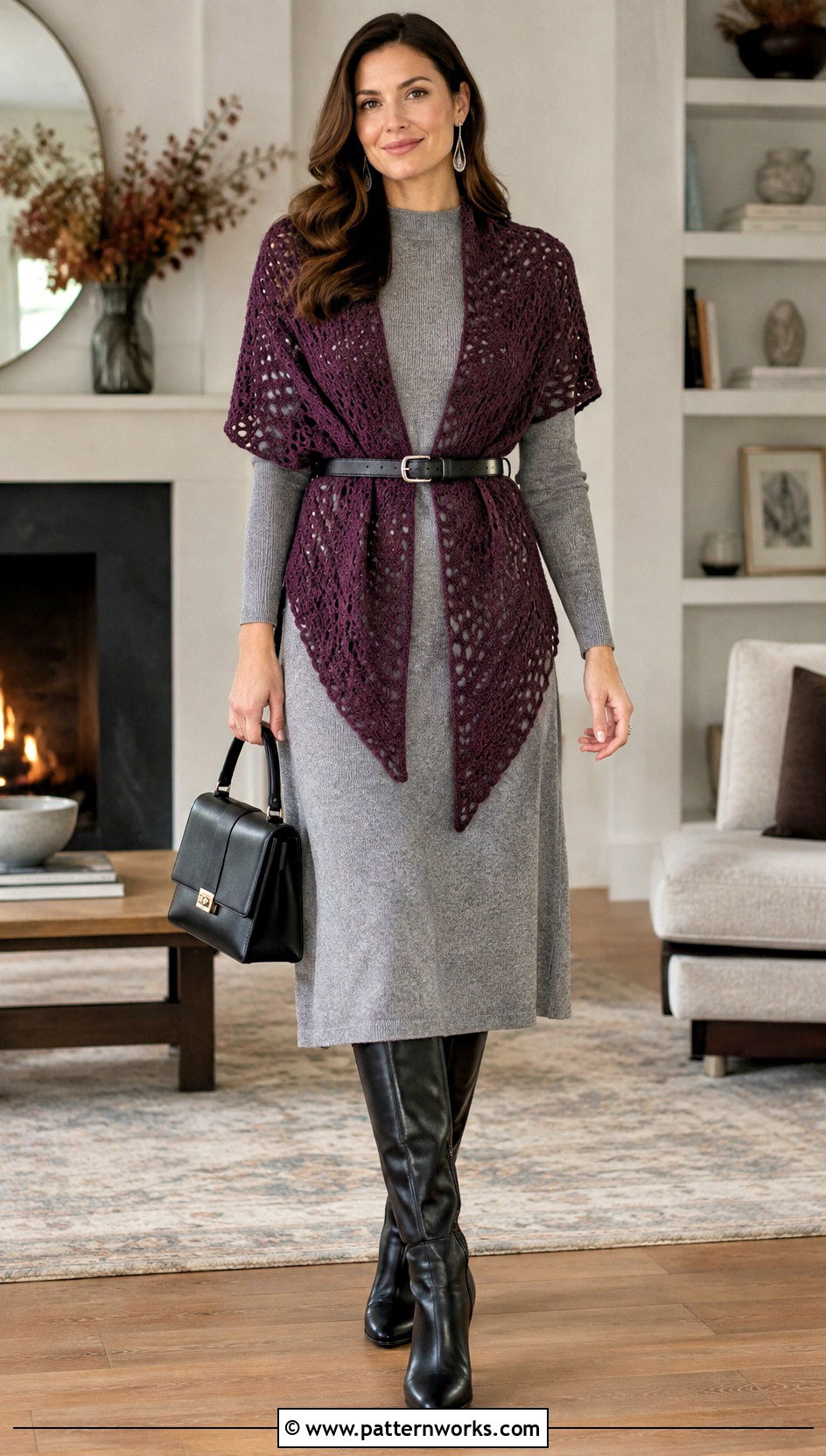 Crochet Mesh Triangle Shawl With Knit Dress - 24 Crochet Mesh Triangle Shawl outfit ideas
