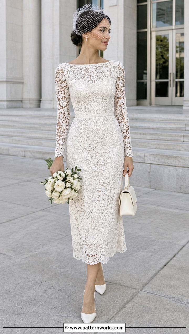 Crochet Midi Courthouse Wedding Dress - 18 long sleeve crochet wedding dress outfit ideas