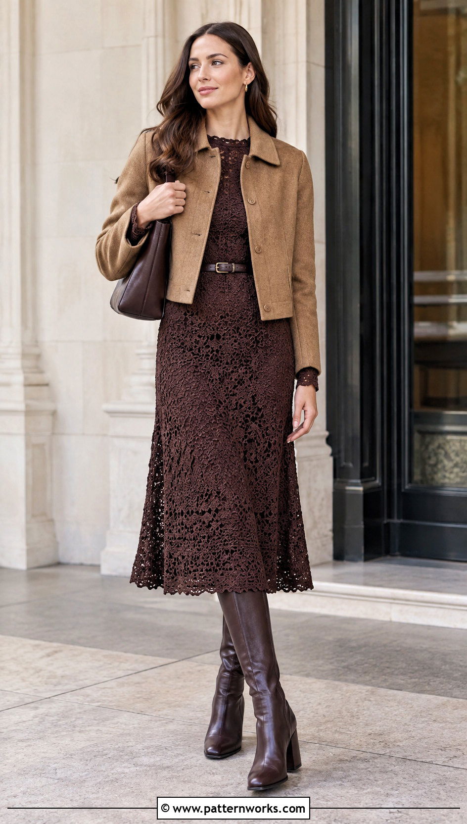 Crochet Midi Dress With Knee High Boots - 24 Fall Crochet Outfit Ideas