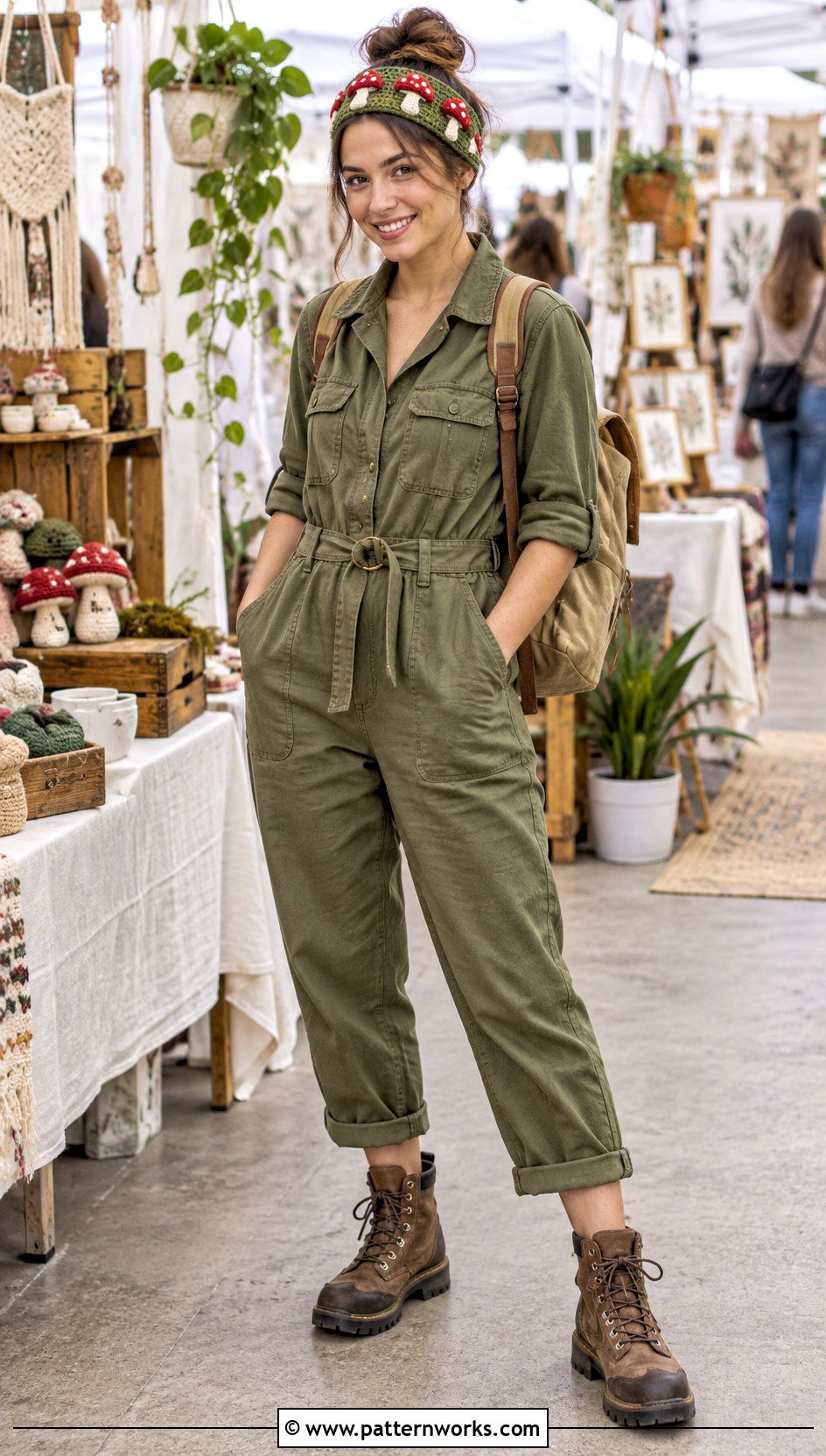 Crochet Mushroom Headband Outfit With Utility Jumpsuit - 24 Crochet Mushroom Headband outfit ideas