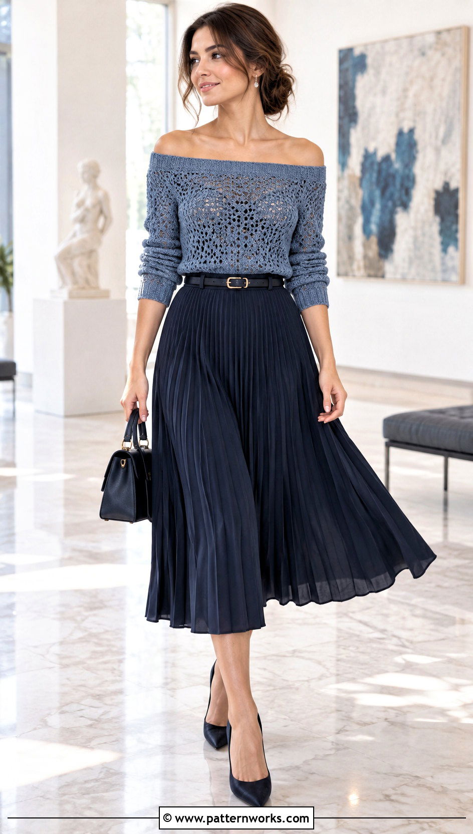 Crochet Off Shoulder Sweater With Pleated Midi Skirt - 24 Crochet Over The Shoulder Sweater outfit ideas