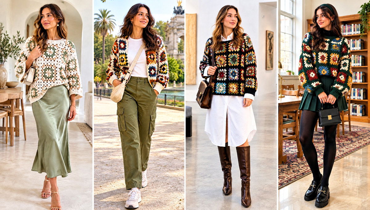 18 Crochet Oversized Granny Square Sweater Outfit Ideas