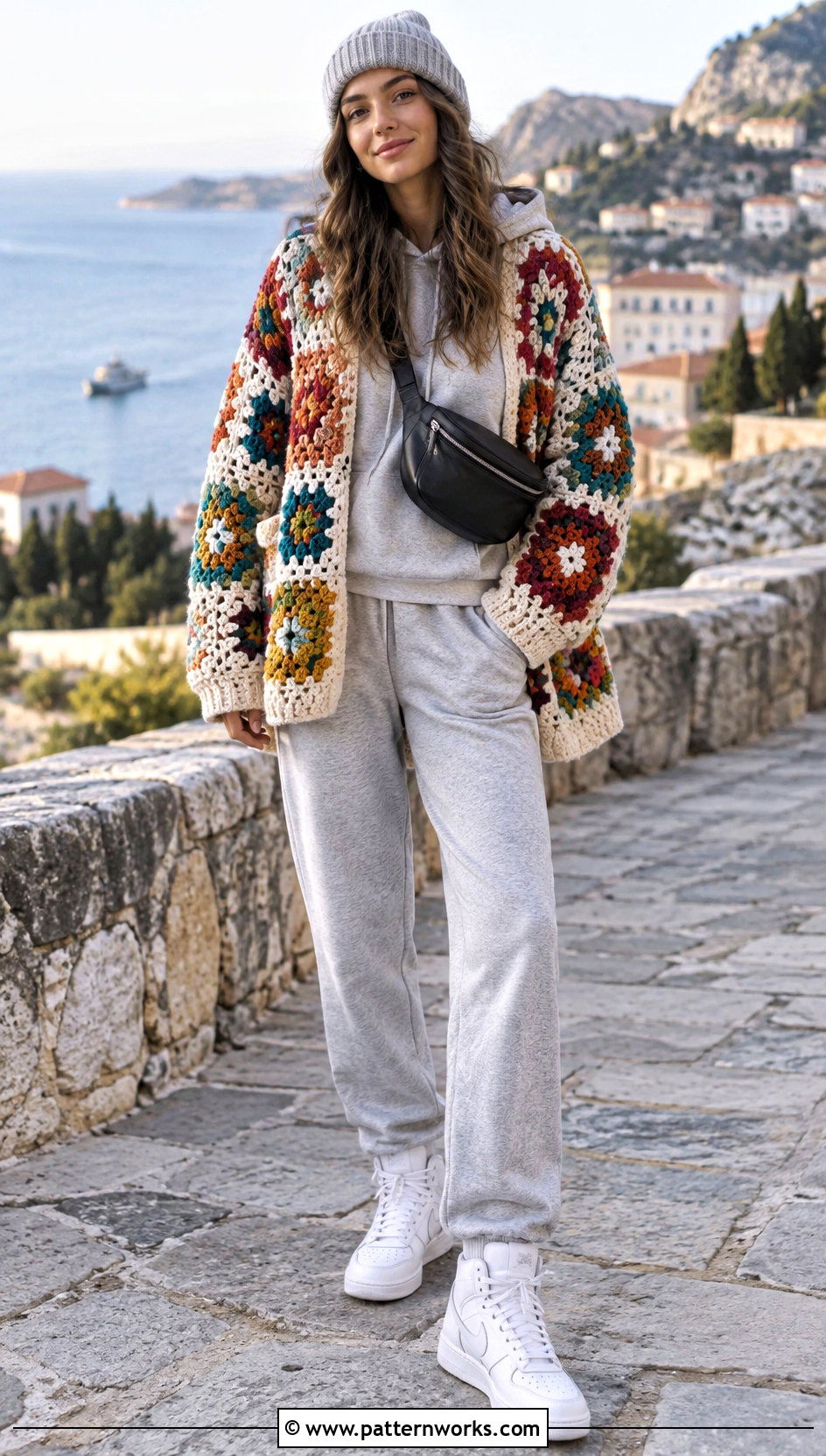 Crochet Patched Cardigan With A Hoodie And Joggers - 18 Crochet Patched Cardigan outfit ideas