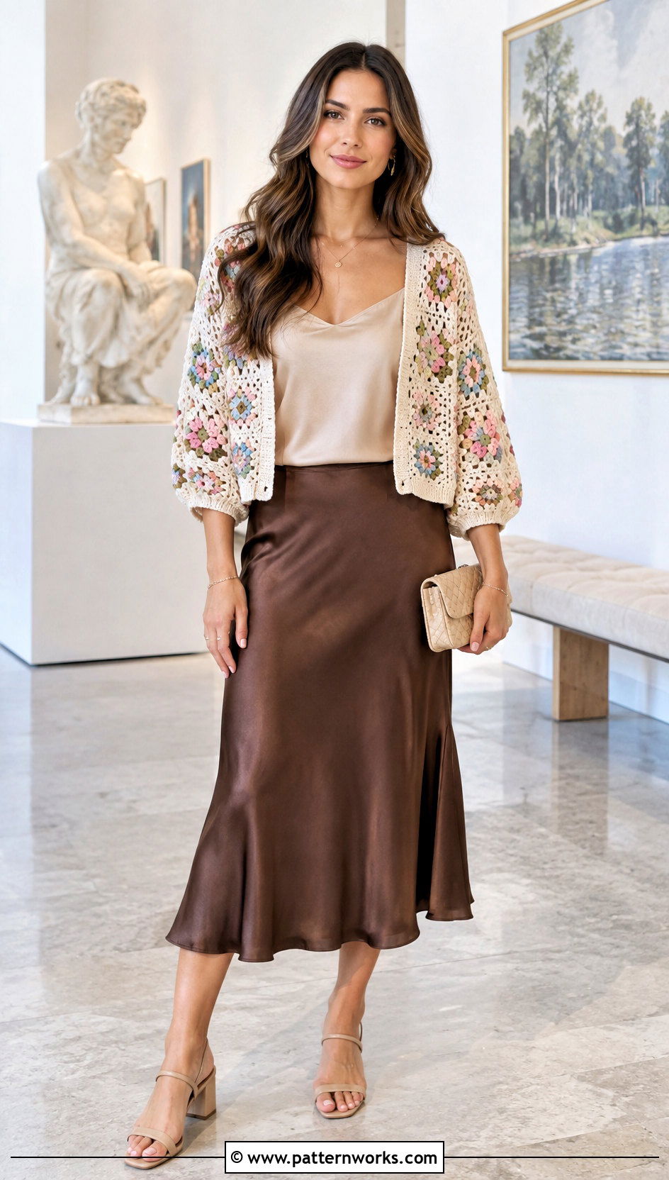 Crochet Patched Cardigan With A Satin Skirt - 18 Crochet Patched Cardigan outfit ideas