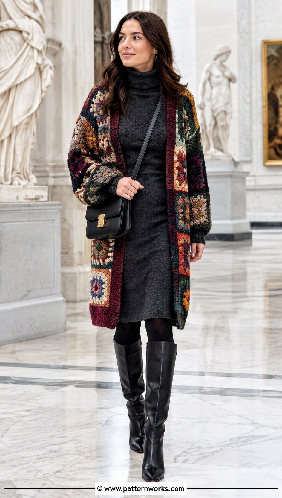 Crochet Patched Cardigan With A Turtleneck Dress - 18 Crochet Patched Cardigan outfit ideas
