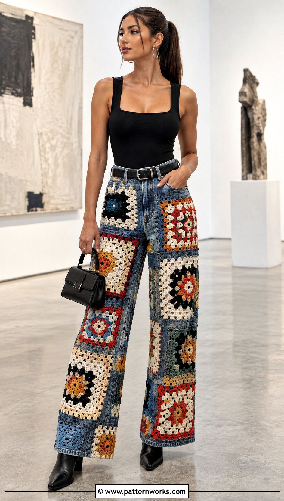Crochet Patchwork Jeans With Black Bodysuit - 24 crochet denim pants outfit ideas