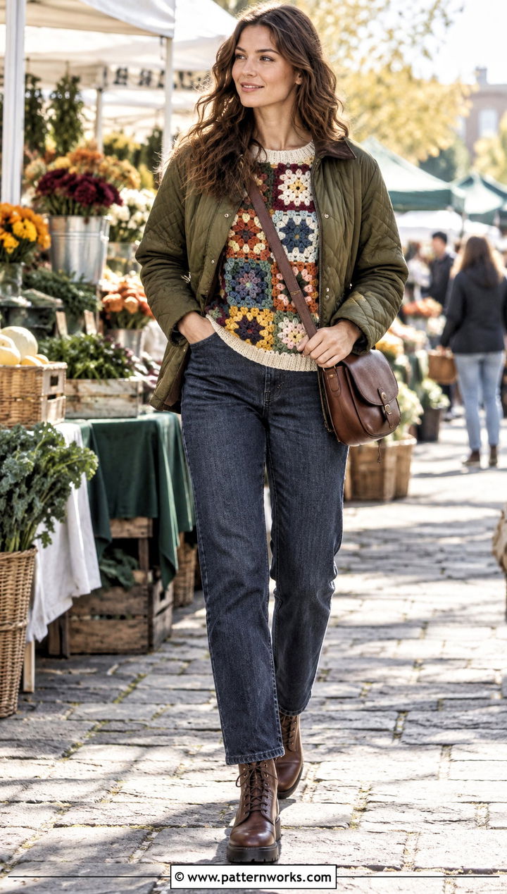 Crochet Patchwork Sweater With A Quilted Jacket - 30 crochet patchwork sweater outfit ideas