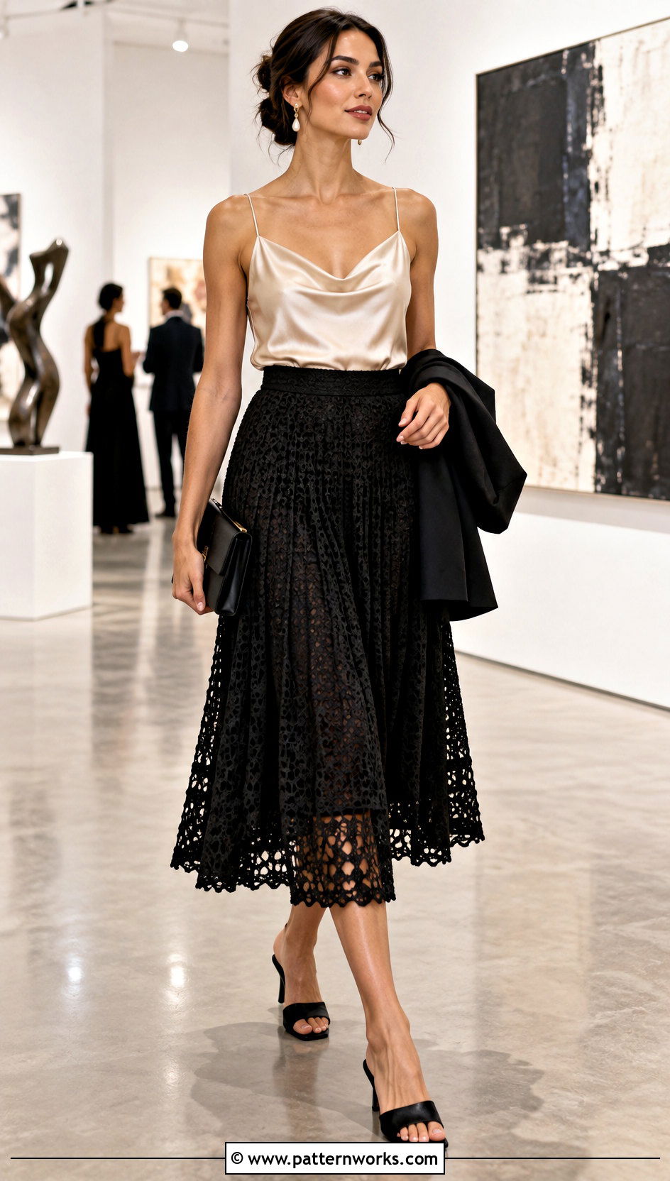 Crochet Pleated Skirt With Satin Camisole - 30 crochet pleated skirt outfit ideas