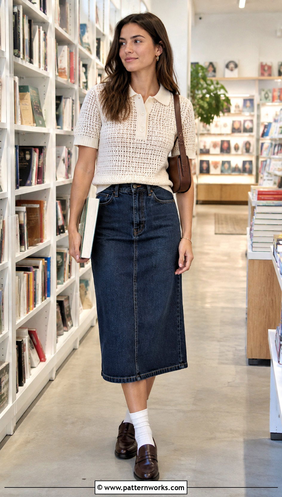 Crochet Polo Sweater With Denim Midi Skirt - 18 Sweaters To Crochet For Women outfit ideas