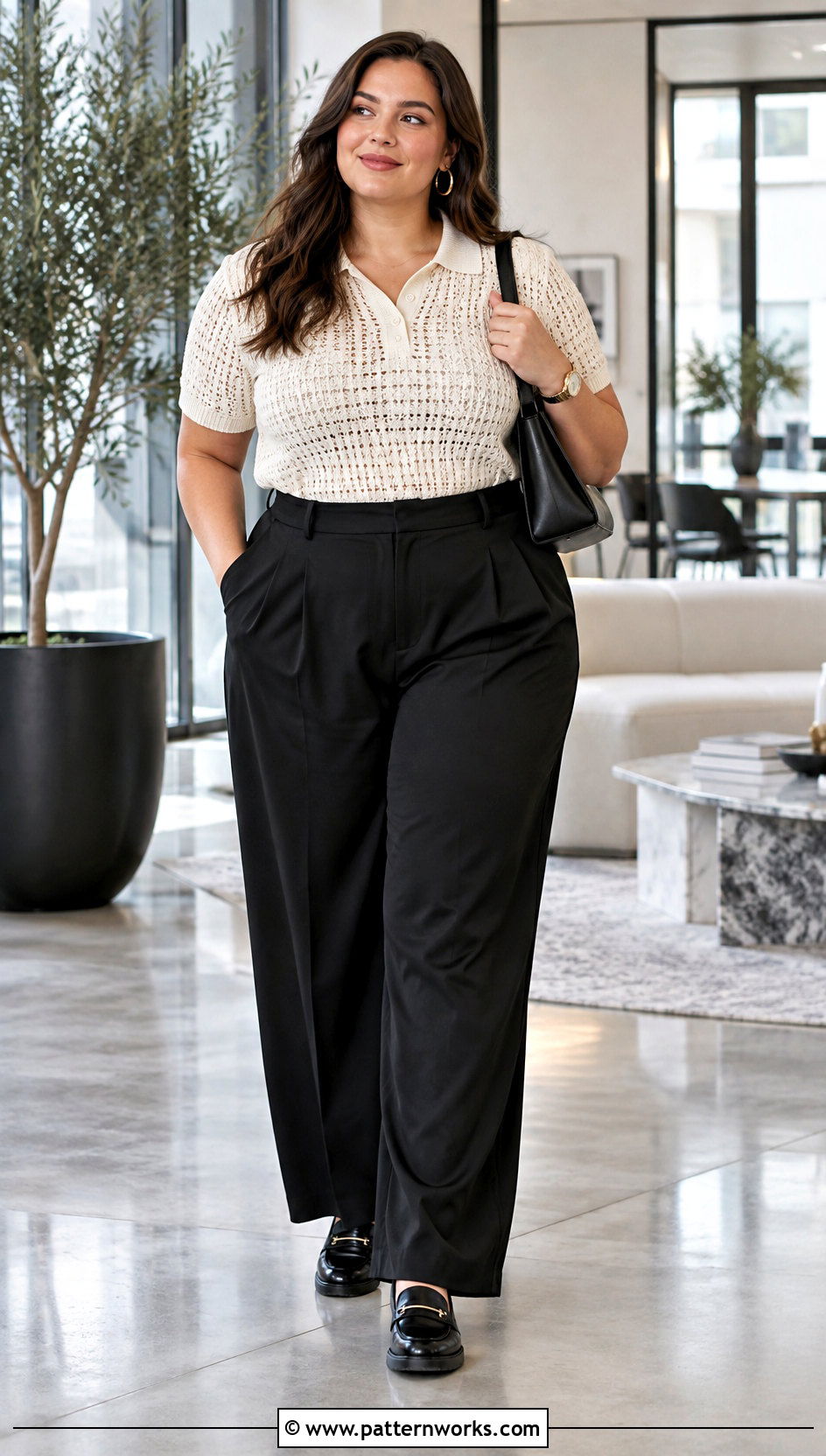 Crochet Polo Top Outfit With Tailored Trousers - 24 crochet top for plus size women outfit ideas