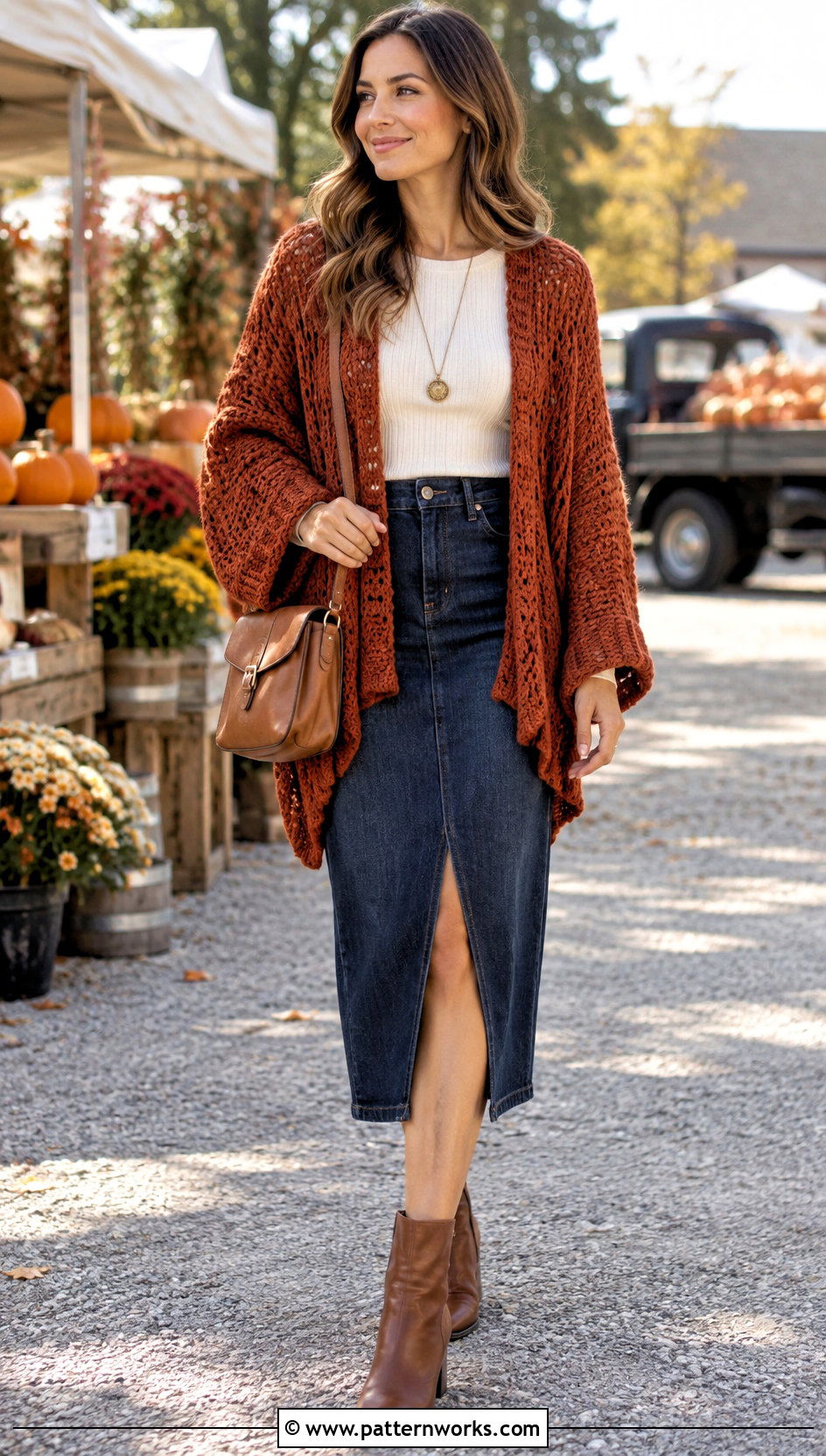 Crochet Poncho With Sleeves And Denim Midi Skirt - 30 crochet poncho with sleeves outfit ideas