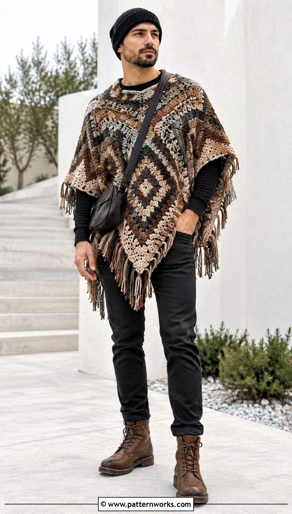 Crochet Poncho With Slim Black Pants - 24 Crochet Men Clothing and outfit ideas