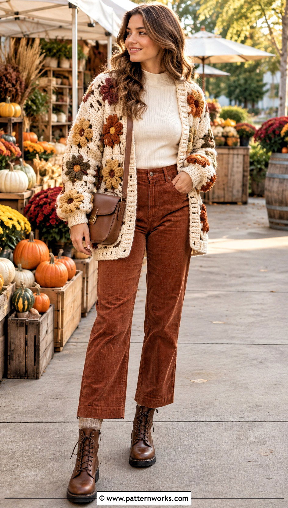 Crochet Puff Flower Cardigan With Corduroy Pants - 18 Crochet Puff Flower Cardigan outfit ideas