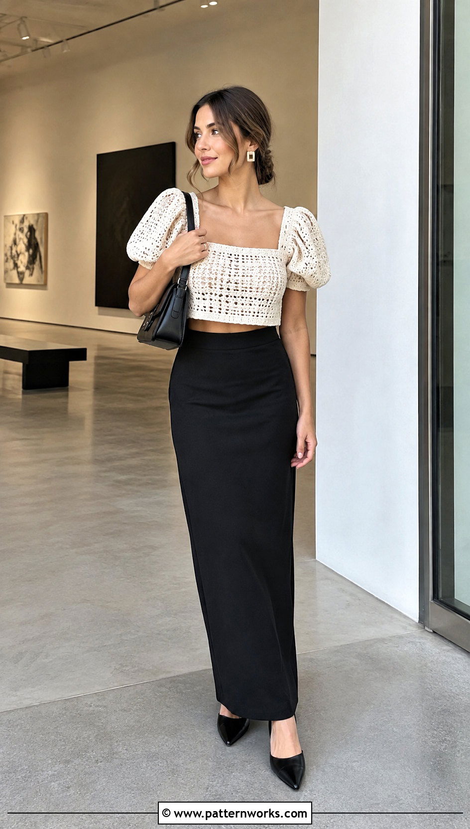 Crochet Puff Top With Column Maxi Skirt - 30 crochet puff top outfit ideas