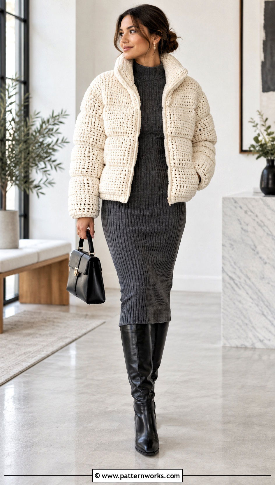 Crochet Puffer Jacket With Knit Midi Dress - 30 crochet puffer jacket outfit ideas