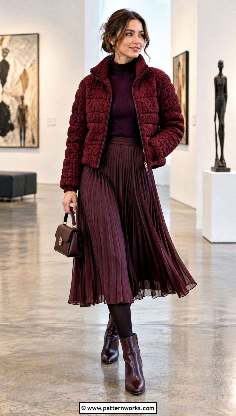 Crochet Puffer Jacket With Pleated Midi Skirt - 30 crochet puffer jacket outfit ideas