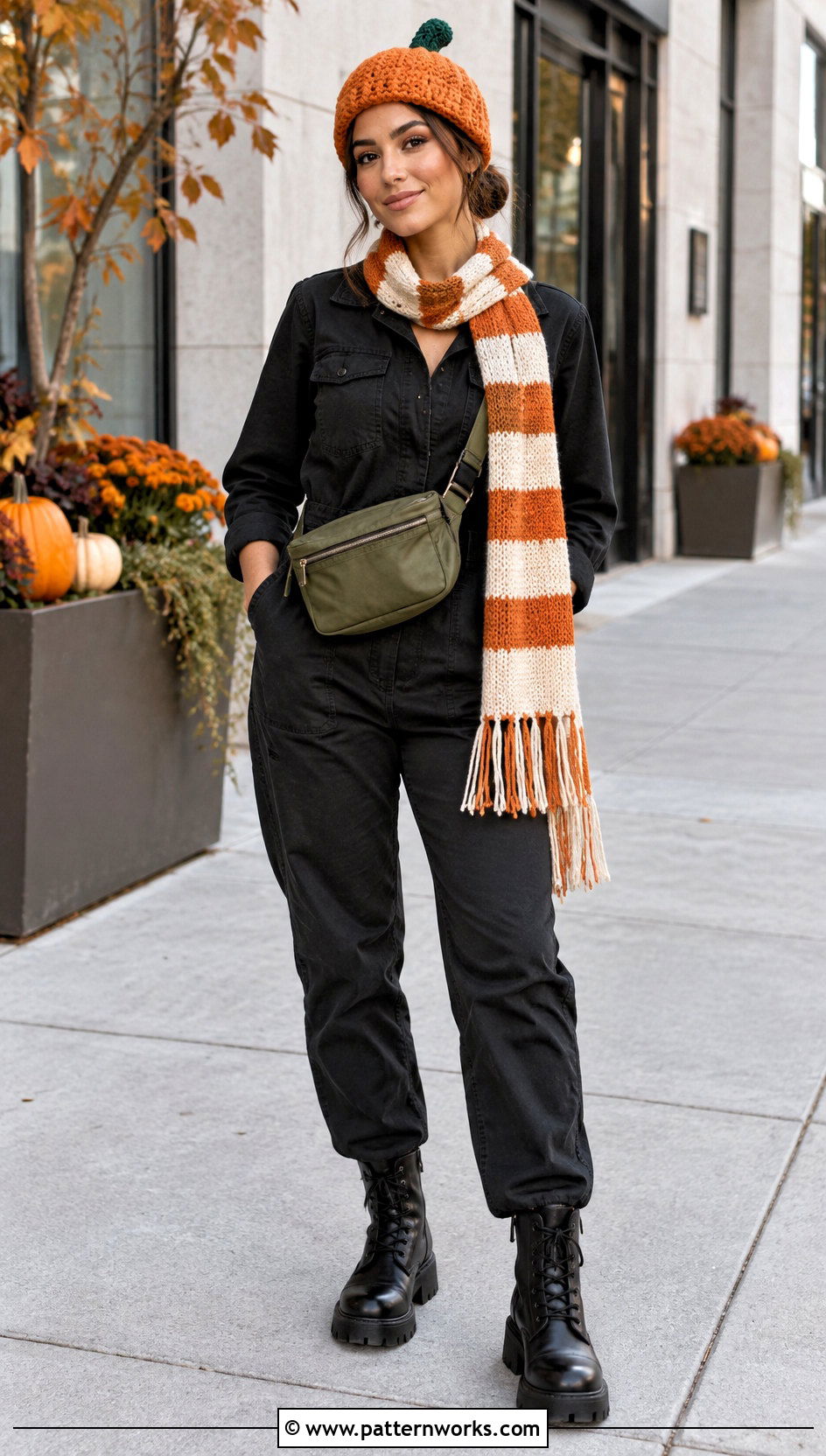 Crochet Pumpkin Hat Outfit With Black Jumpsuit - 30 crochet pumpkin hat outfit ideas