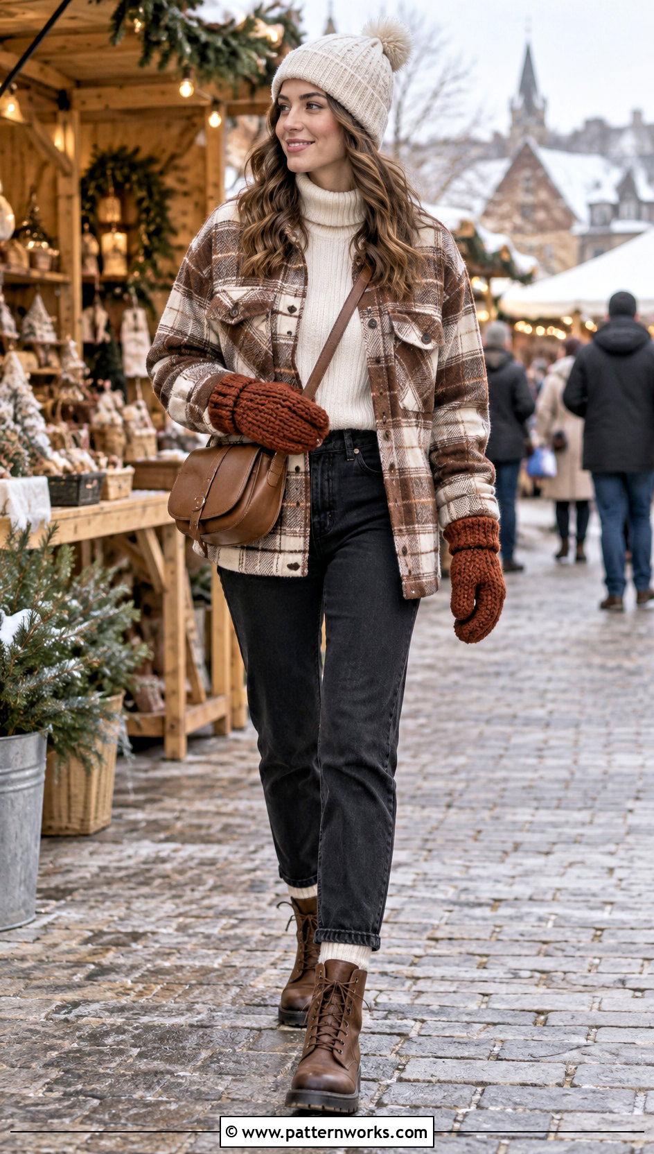 Crochet Ribbed Mittens With Plaid Shacket - 18 Crochet Ribbed Mittens outfit ideas