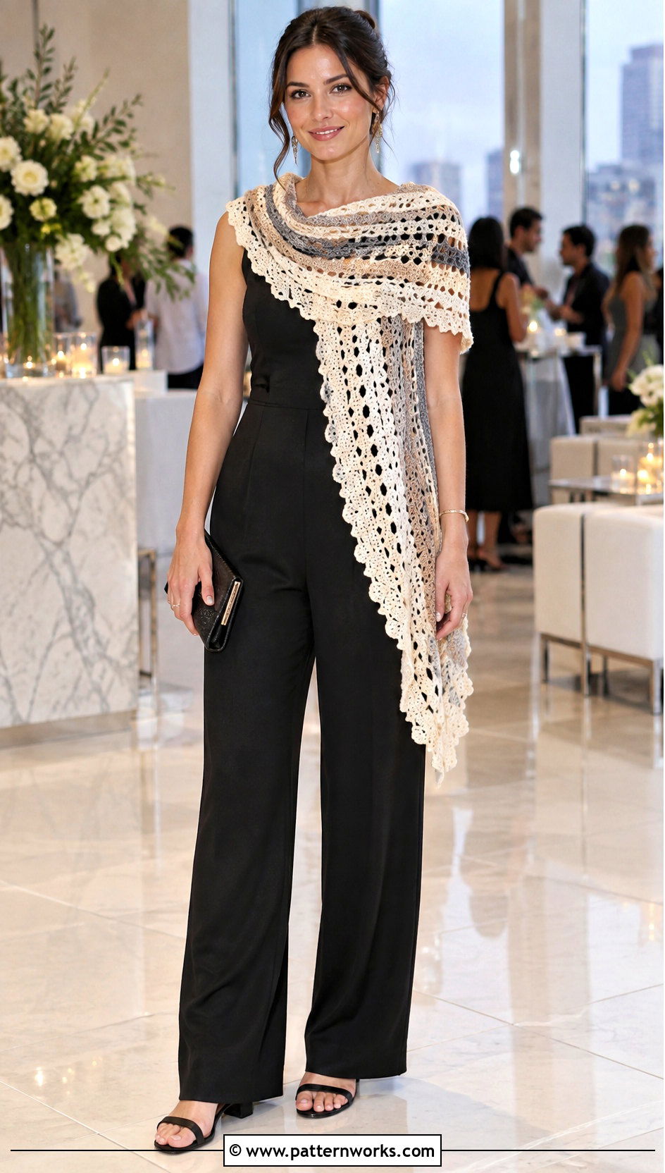 Crochet Road Trip Scarf With Black Jumpsuit - 18 Crochet Road Trip Scarf outfit ideas