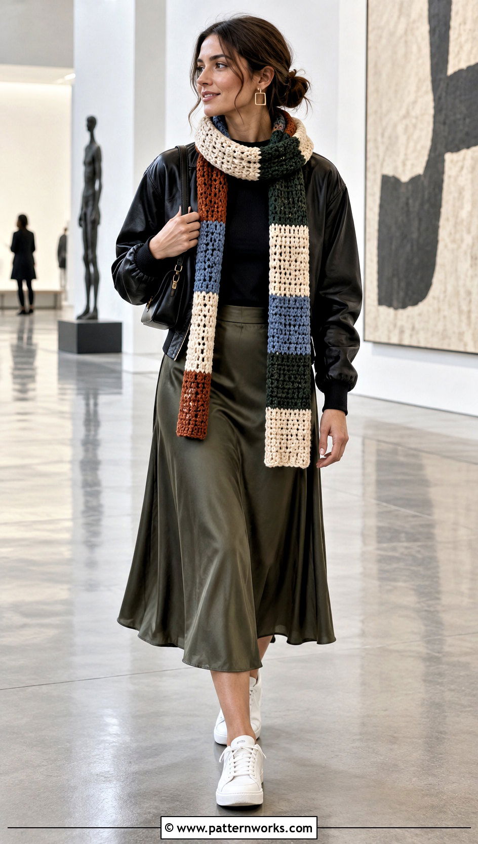 Crochet Road Trip Scarf With Leather Bomber - 18 Crochet Road Trip Scarf outfit ideas