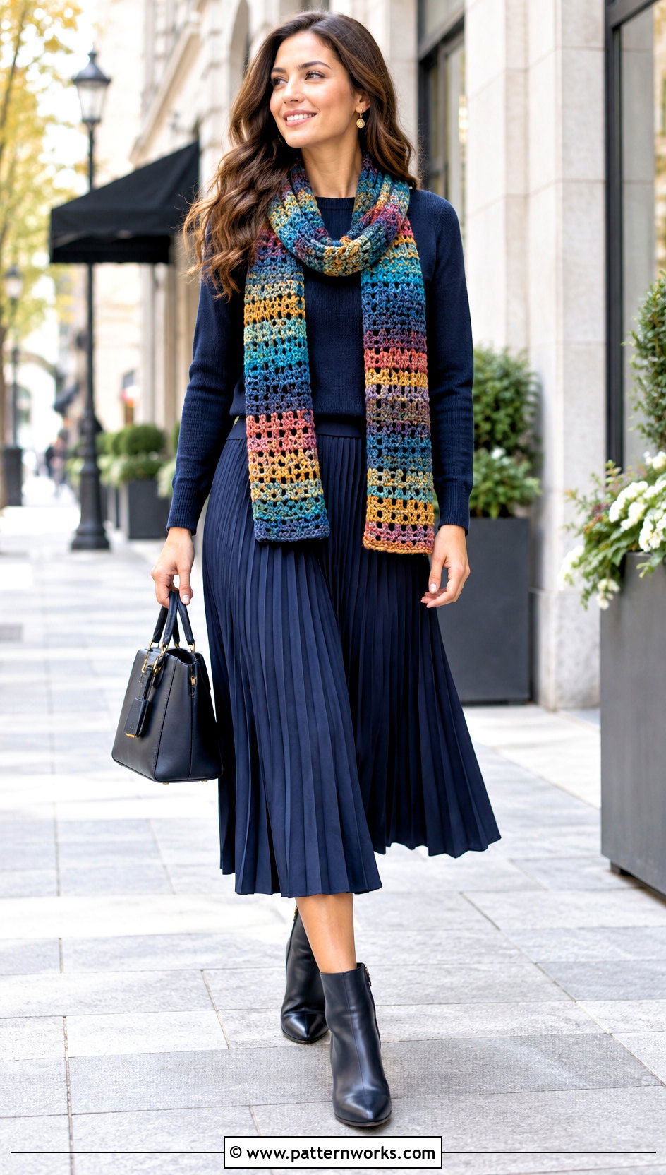 Crochet Road Trip Scarf With Sweater And Midi Skirt - 18 Crochet Road Trip Scarf outfit ideas