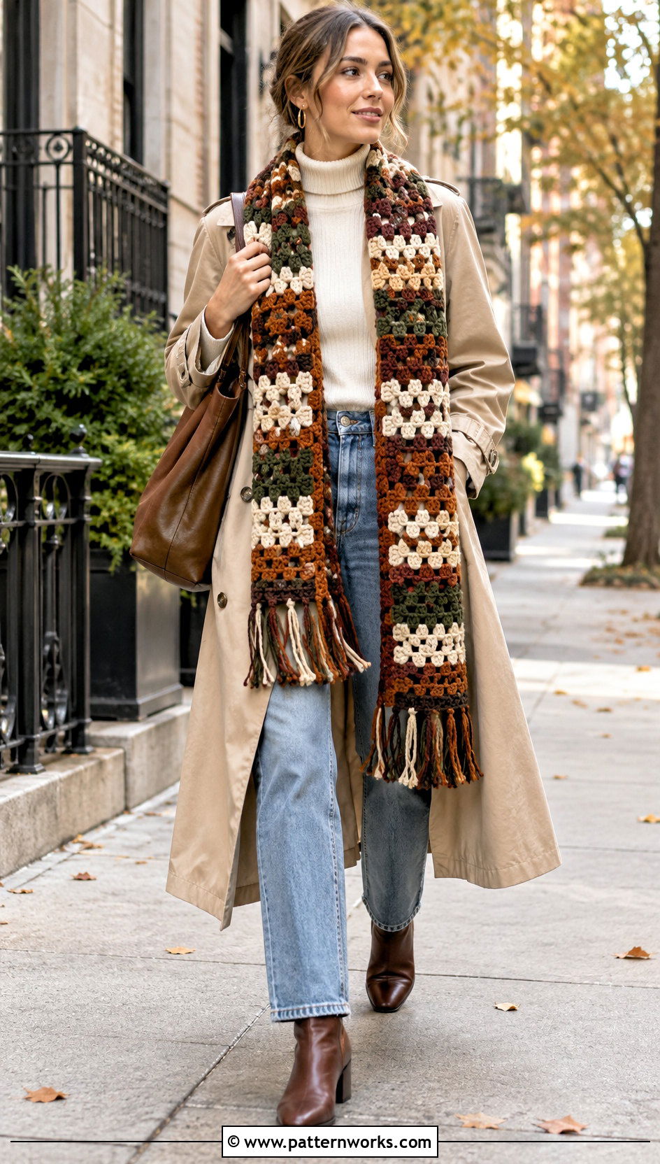 Crochet Road Trip Scarf With Trench Coat - 18 Crochet Road Trip Scarf outfit ideas