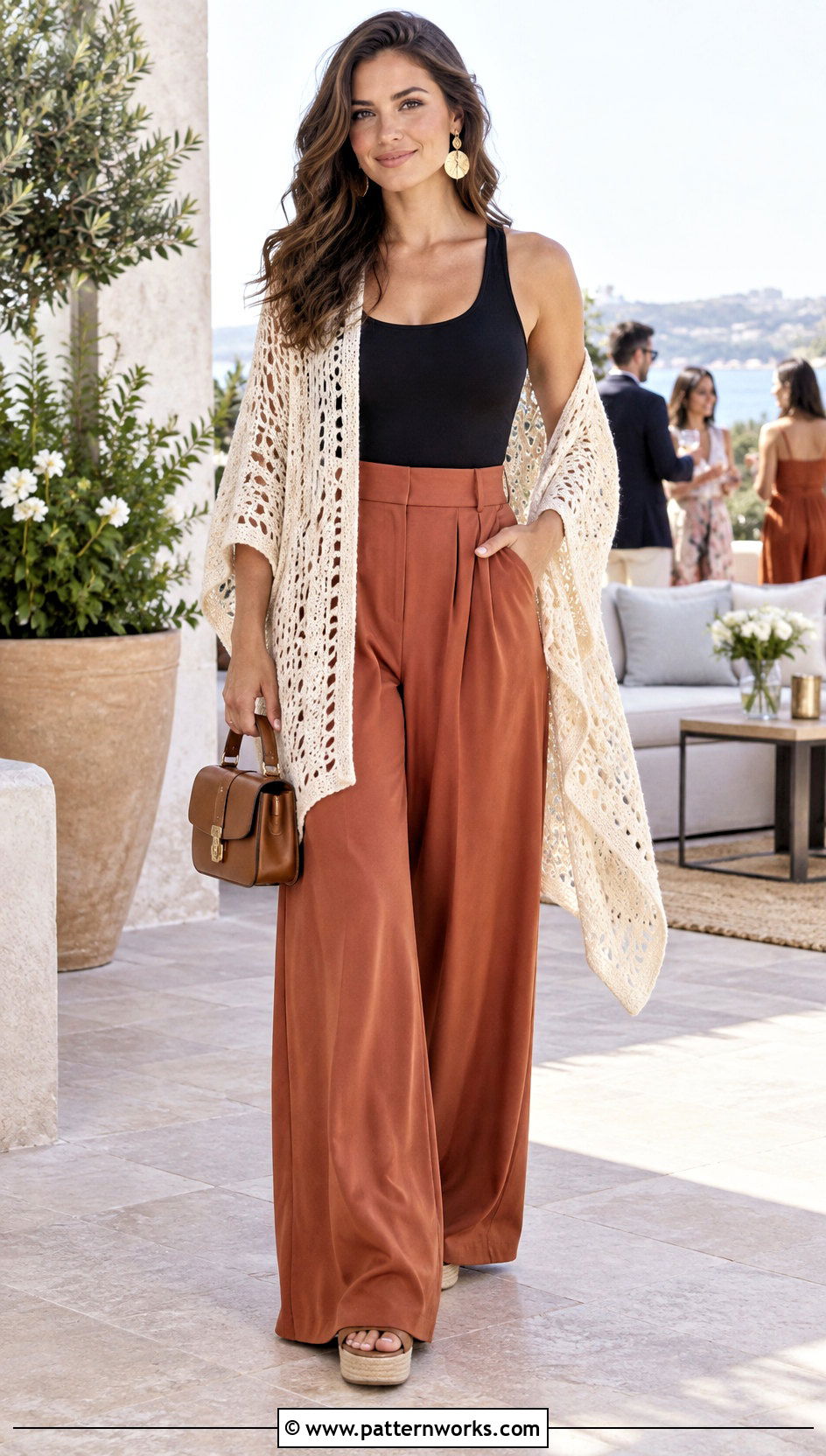 Crochet Ruana With Wide Leg Pants - 30 crochet ruana outfit ideas