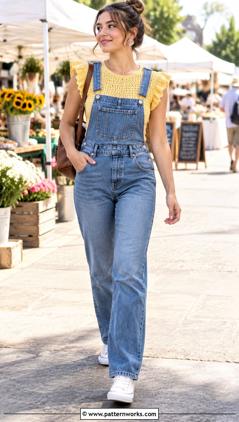 Crochet Ruffle Sleeve Top With Denim Overalls - 24 crochet ruffle sleeve top outfit ideas