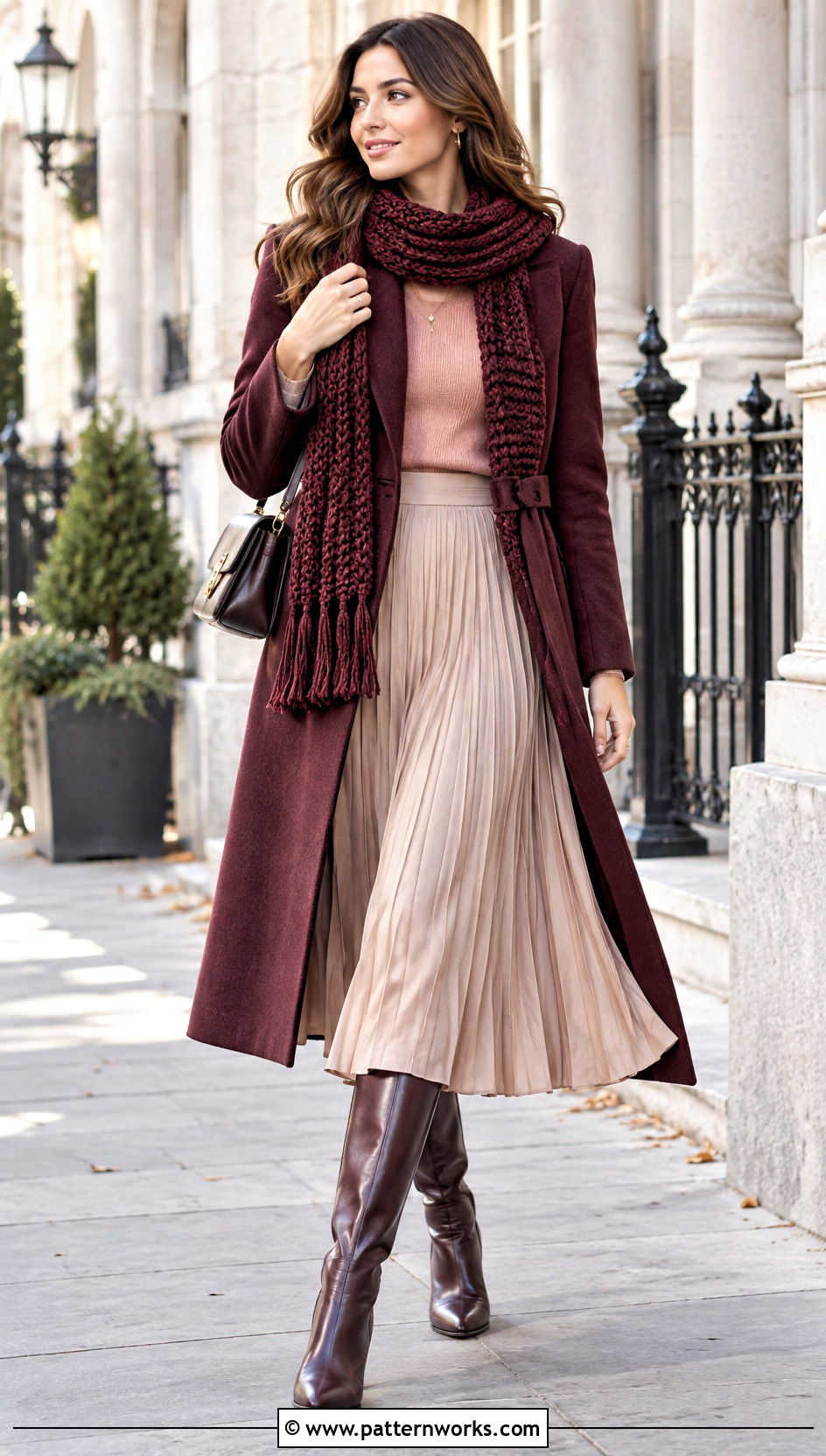 Crochet Scarf With Sweater And Pleated Skirt - 18 Elegant Crochet Scarf outfit ideas