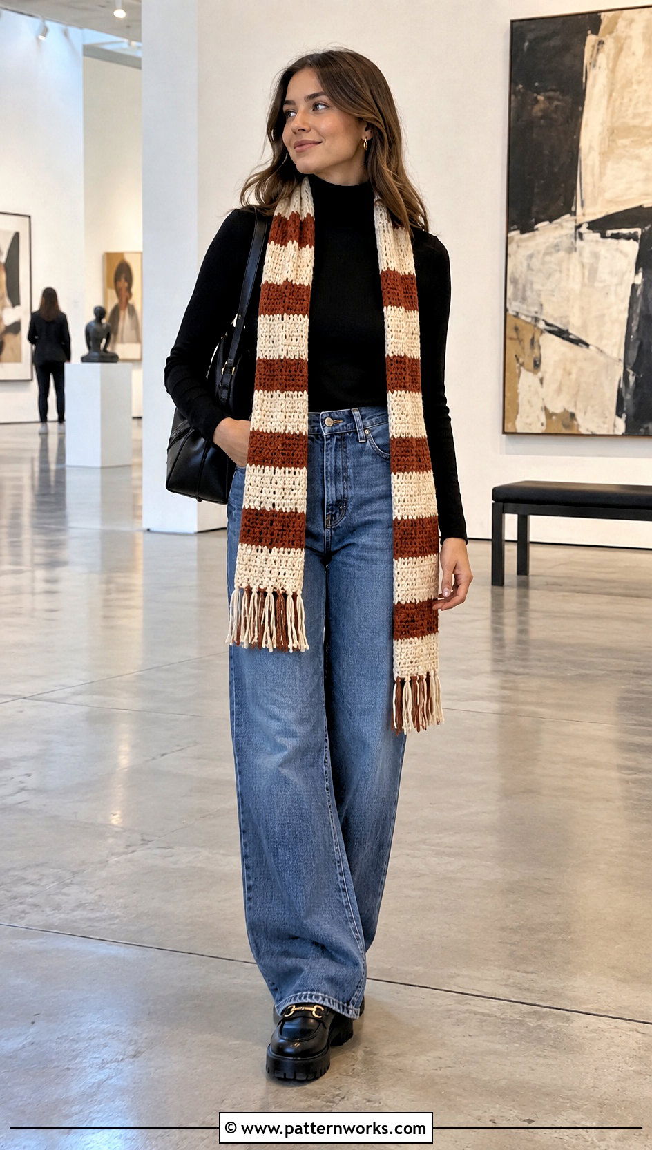 Crochet Scarf With Turtleneck And Wide Leg Jeans - 30 easy crochet scarves outfit ideas