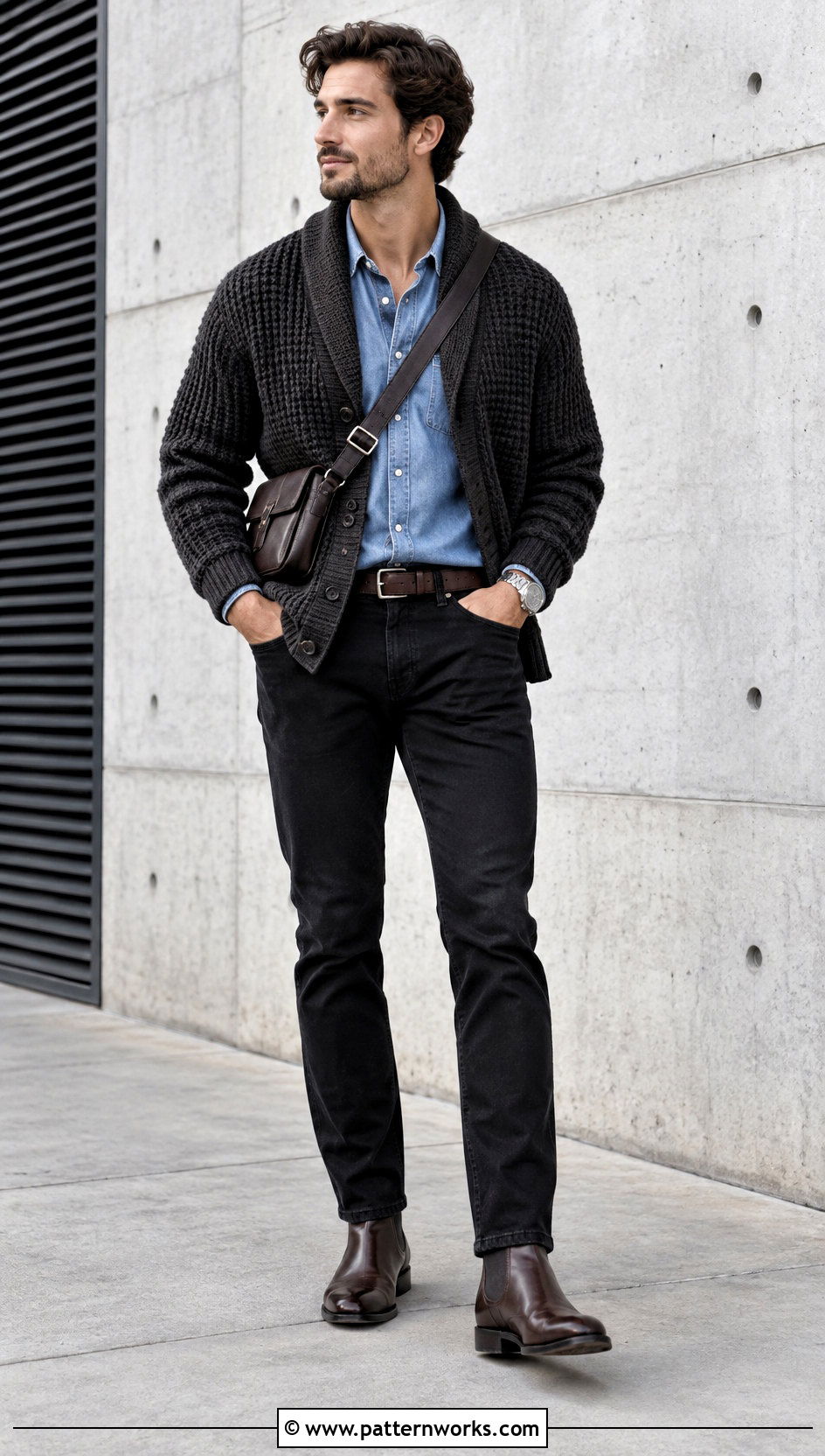Crochet Shawl Collar Cardigan With Denim Shirt And Black Jeans - 18 Mens Crochet Shawl Collar Cardigan outfit ideas