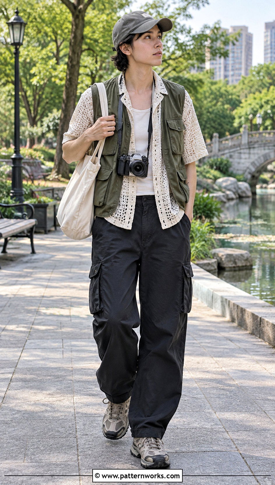 Crochet Shirt Outfit With a Utility Vest - 30 crochet unisex shirt outfit ideas