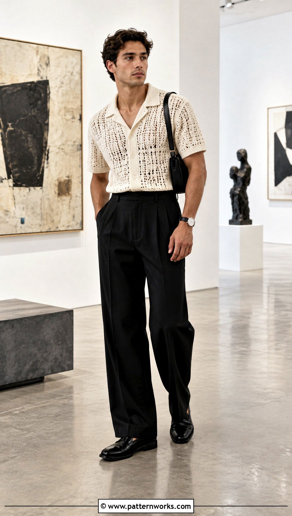 Crochet Shirt With Wide Leg Trousers - 30 crochet shirts for men outfit ideas