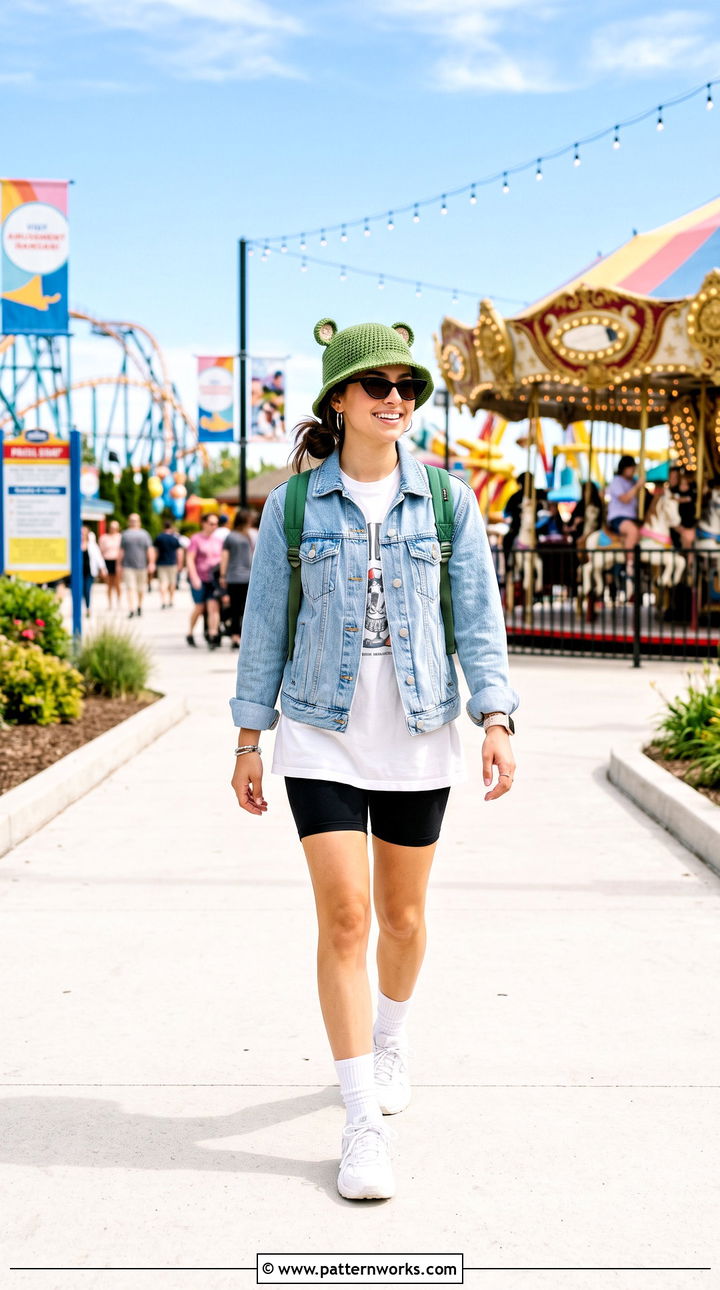 Crochet Shrek Bucket Hat With Denim Jacket And Biker Shorts - 18 Crochet Shrek Bucket Hat outfit ideas