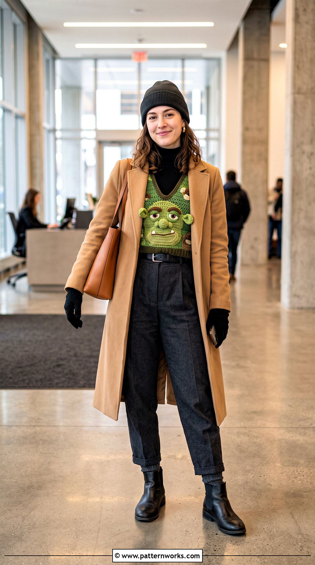 Crochet Shrek Vest With Turtleneck And Wool Trousers - 18 Crochet Shrek Vest outfit ideas