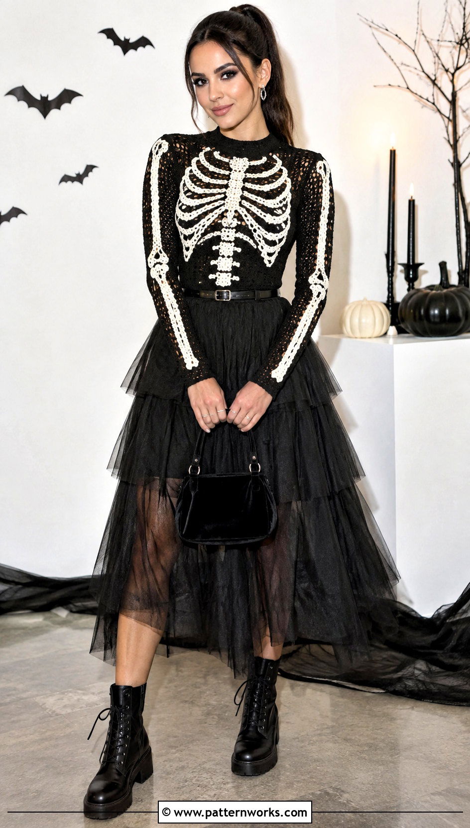 Crochet Skeleton Top Outfit With Tulle Midi Skirt - 30 crochet skeleton top outfit ideas