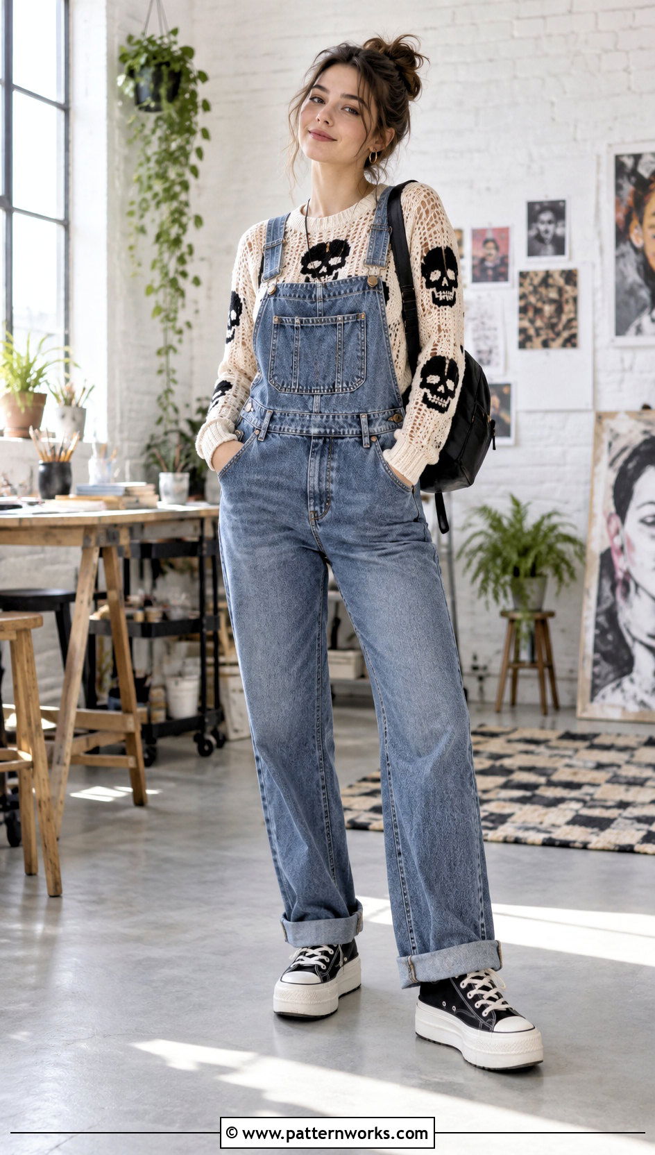 Crochet Skull Sweater With Denim Overalls - 30 crochet skull sweater outfit ideas