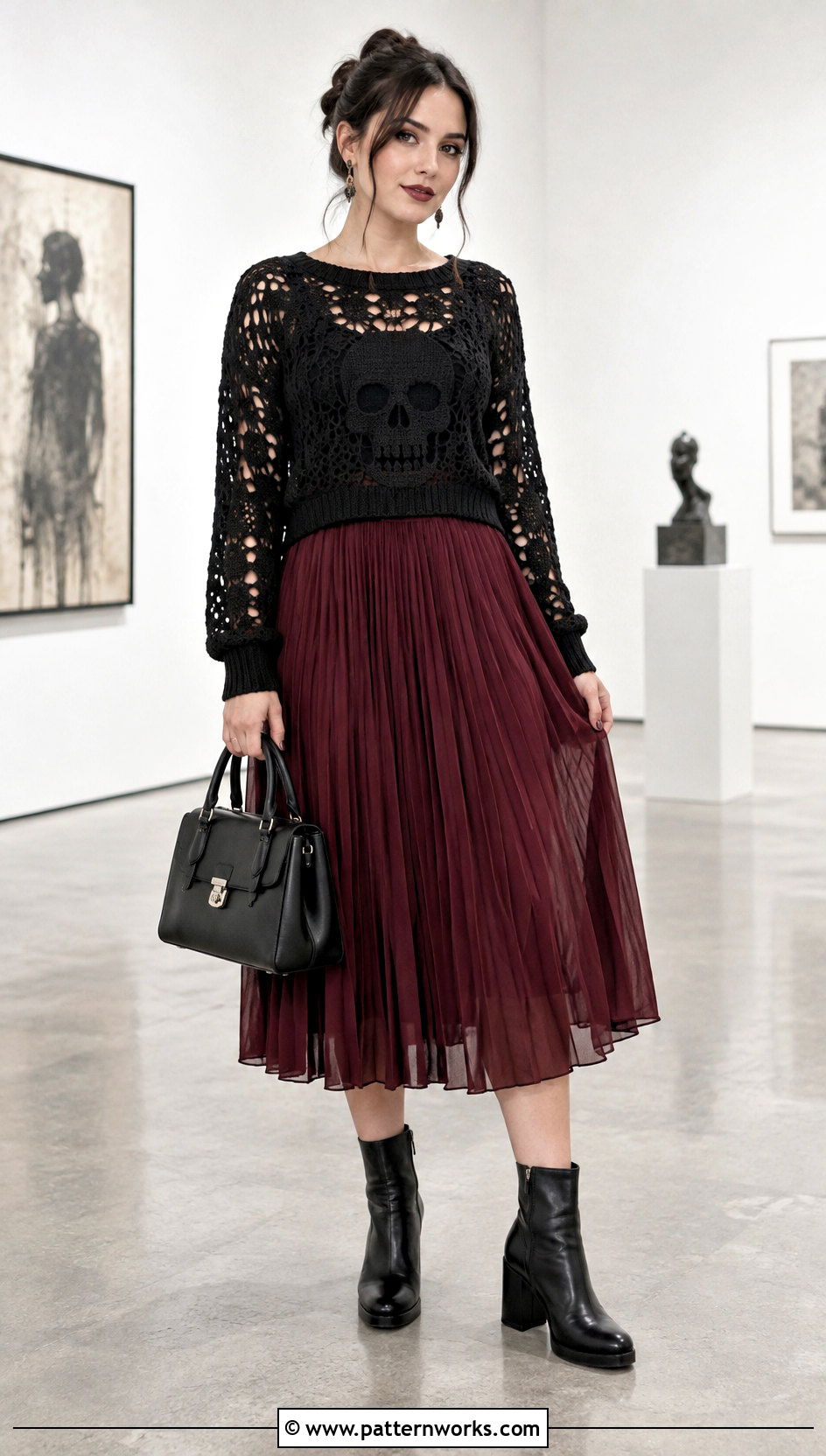 Crochet Skull Sweater With Pleated Midi Skirt - 30 crochet skull sweater outfit ideas