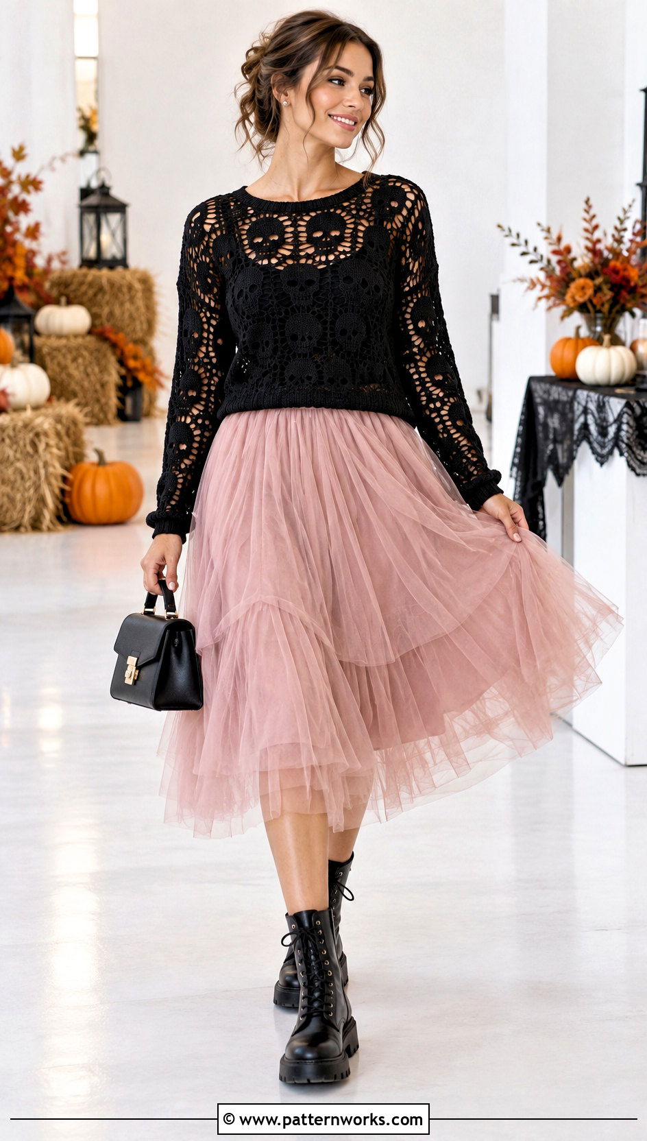 Crochet Skull Sweater With Tulle Midi Skirt - 30 crochet skull sweater outfit ideas