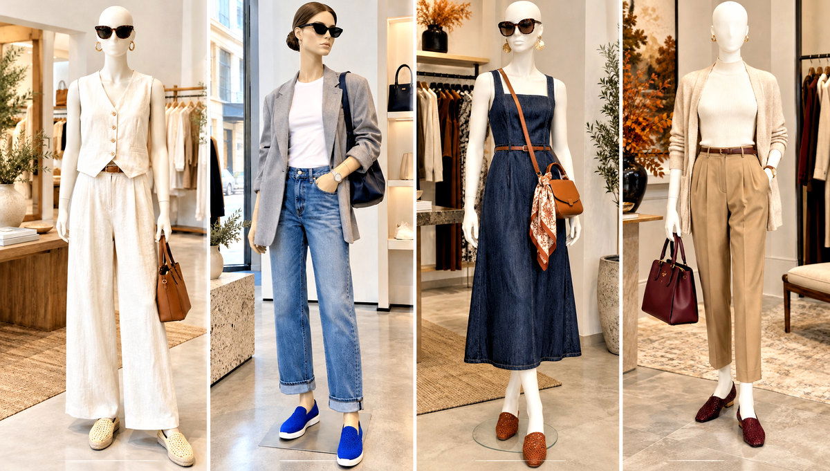 18 Crochet Slip-On Shoes on Mannequin Outfit Ideas to Style