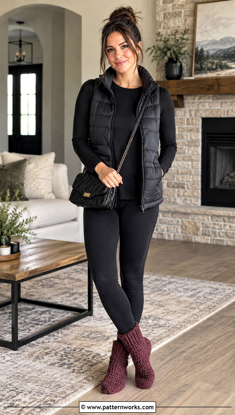 Crochet Slipper Socks With Leggings And A Puffer Vest - 24 crochet winter slippers outfit ideas