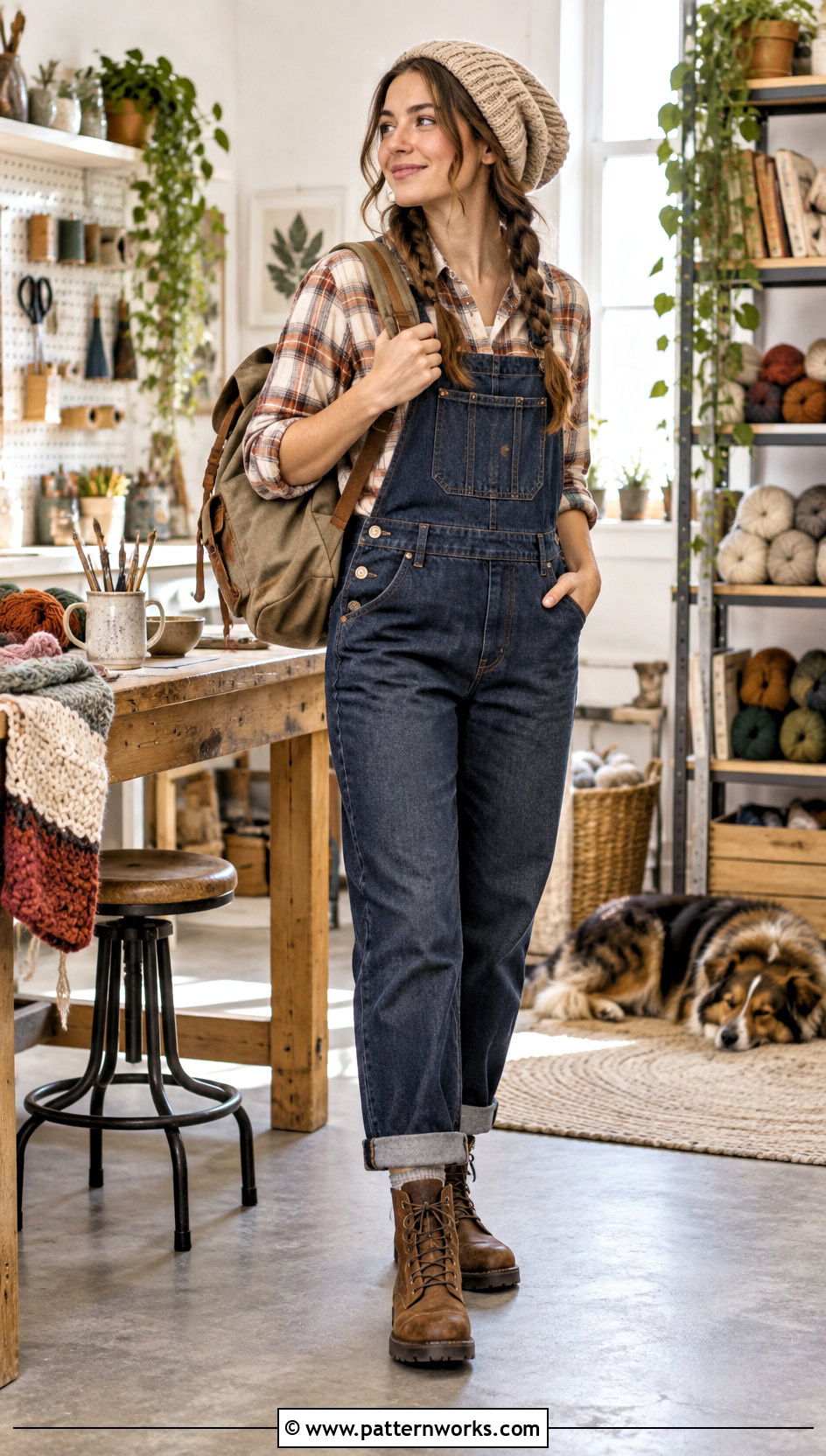 Crochet Slouchy Beanie Outfit With Flannel And Overalls - 30 crochet slouchy beanie outfit ideas